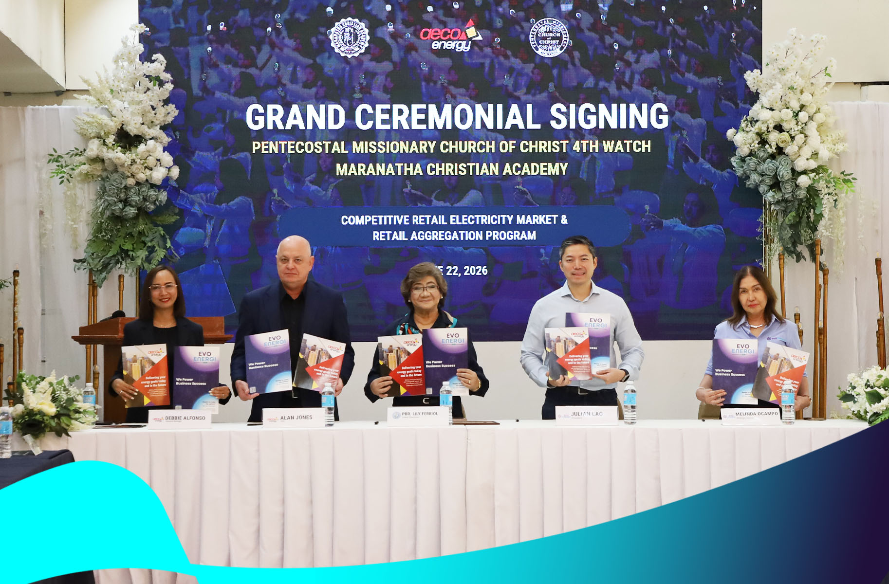 Among those present during the signing were Debbie Alfonso, General Manager of AECO Energy Philippines; Alan Jones, Chief Executive Officer of AECO Energy; PBR Lily Ferriol, Directress of Maranatha Christian Academy; Julian Lao, President of EvoEnergi; and Melinda Ocampo, Strategic Adviser of EvoEnergi.