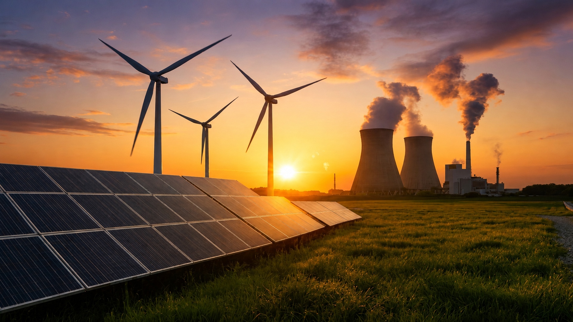 Thermal power plants, solar farms, and wind turbines representing the diverse energy sources available through Retail Electricity Suppliers in the Philippines.